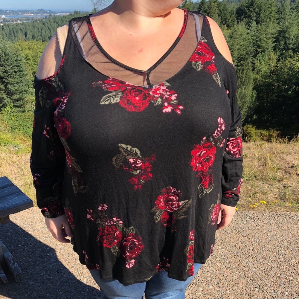 Black floral cold shoulder blouse